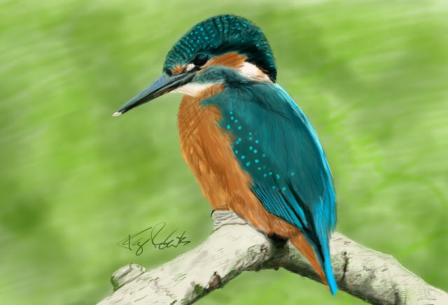 Mildly impressionistic digital drawing of a British kingfisher sitting on a branch against a fuzzy green background. The kingfisher squats on the pale, slightly knobbly, upward-curving branch, body in three-quarters profile, its back turned slightly toward us. Its head is turned to present a perfect profile, facing toward our left. Its dominant colour is a shade of teal - on its back, head, cheek, and tail, which is small and pointed. There are paler spots and highlights of aquamarine scattered throughout and curving along its back, and its head has an almost regimented variegation. The other main colour is orange - on its breast, belly, temple, and a little just in front of its glossy, black eye. There are white accents on the back of its neck, throat, and top of its long, straight, shiny, dark beak. One little taloned foot is visible peeking out from beneath the belly fuzz and curving around the knob of the branch on which the bird is perching.