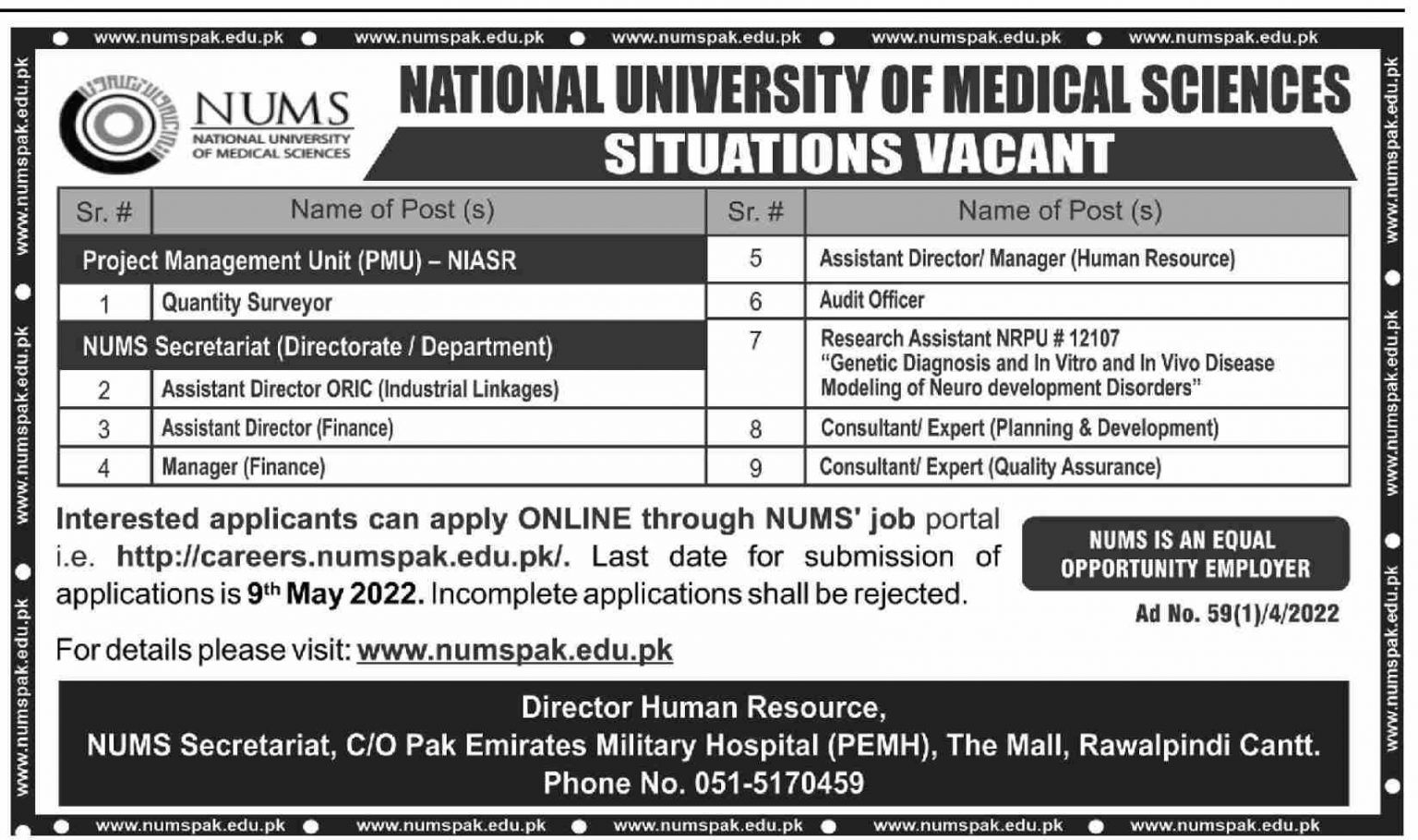 Latest Govt Jobs At National University of Medical Sciences jobs 2022