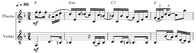 Ao tocar o choro Os Cinco Companheiros, de Pixinguinha, um violonista de sete cordas improvisou a seguinte baixaria.