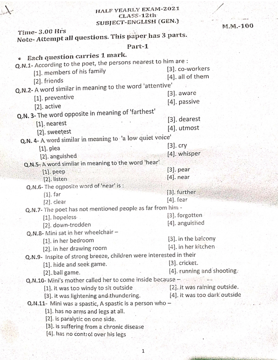 MP board क्लास 12th अंग्रेजी अर्धवार्षिक पेपर 2021 PDF Download | 10th English half yearly question paper PDF, कक्षा 12वीं अंग्रेजी पेपर