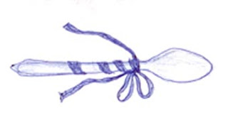 blue ballpoint drawing of a spoon with a ribbon and bow tied around it