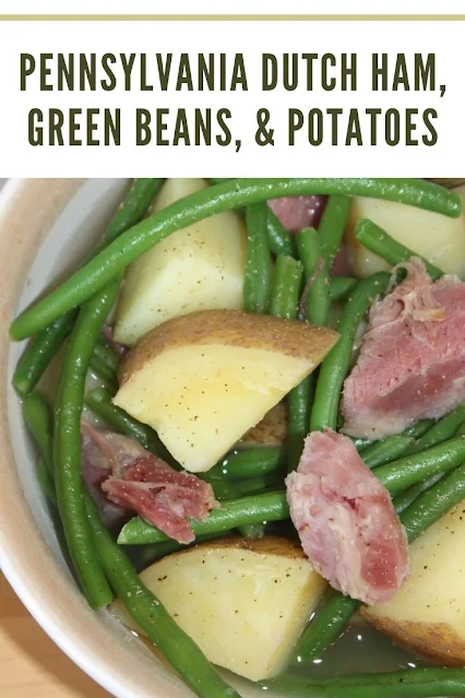 Finished bowl of ham, green beans, and potatoes.