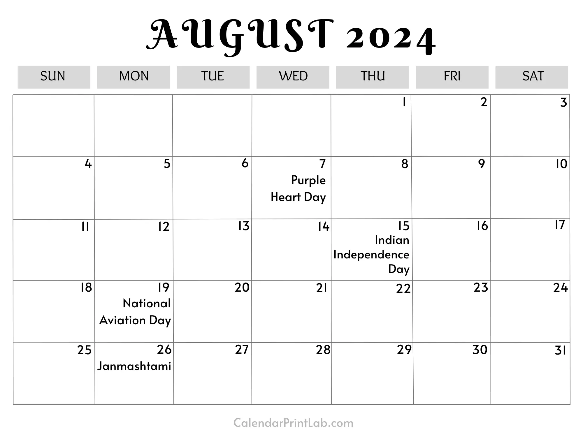 August 2024 Calendar with Holidays