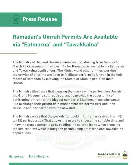 Umrah permits for Ramadan are now available through Eatmarna and Tawakkalna applications - Saudi-Expatriates.com