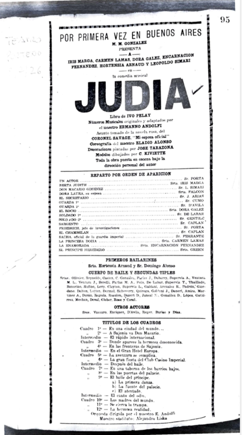 Hace 99 años se estrenaba la primera comedia musical argentina JUDIA de Ivo Pelay y Ermanno Andolfi