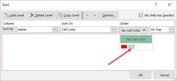 فرز الأعمدة في Excel بناءً على ألوان متعددة