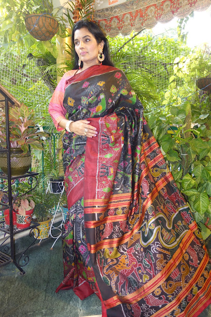 Sambalpuri silk saree  with parrots, deers, tigers and fishes