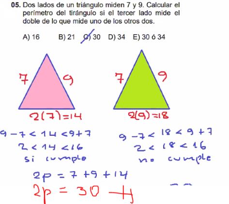 Dos lados de un triángulo miden 7 y 9. Calcular el perímetro del triángulo si el tercer lado mide el doble de lo que mide uno de los otros dos.