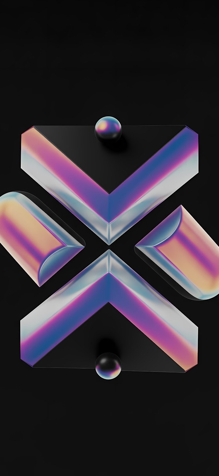 Symmetrical abstract geometric design with iridescent gradient metallic finish forming an X-shape on a black background