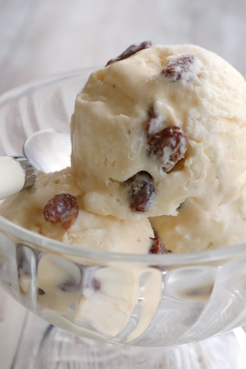 close-up on dessert cup with rum and raisin icecream