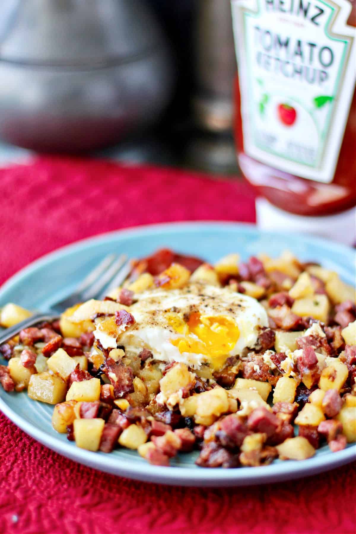 Corned Beef Hash with Yukon Gold Potatoes and Chiles with fresh eggs.
