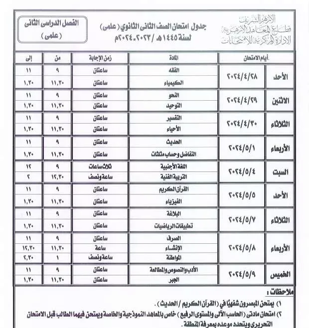 جداول امتحانات نهاية العام لجميع المراحل التعليمية .. بالمعاهد الأزهرية 2024