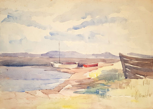 Watercolour of boats at a harbour with hills in the distance, "Boats at Portmahomack," by Scottish artist A.W.S. Munro.