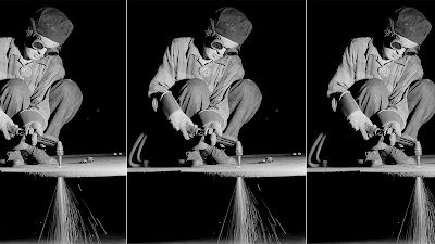 3 frames of female welder Ann Zarik with torch, 1943  by Margaret Bourke-White