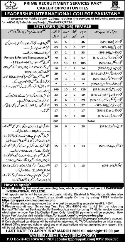 Leadership International College Pakistan Jobs 2022