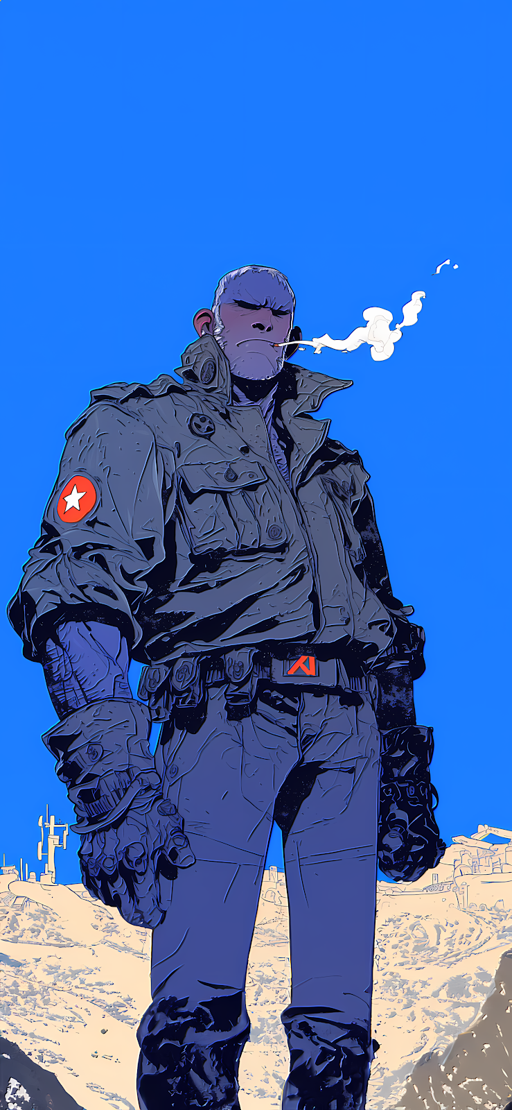 A lone cowboy stands tall against a vibrant blue sky, with a hint of smoke rising in the distance.

