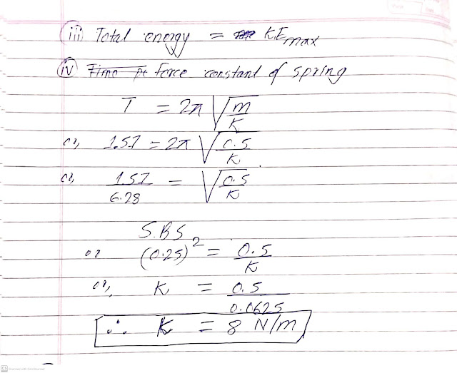 A body of mass 0.5kg suspended by an ideal spring oscillates up and down. The amplitude of oscillation is 0.5m and periodic time is 1.57 second.Determine