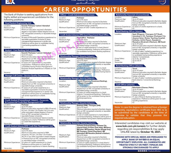 Bank of Khyber BOK Latest  Jobs 2021 – Apply Online via bok.com.pk