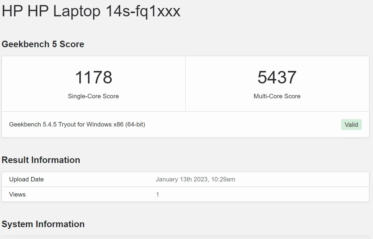 Benchmark HP 14s fq1036AU