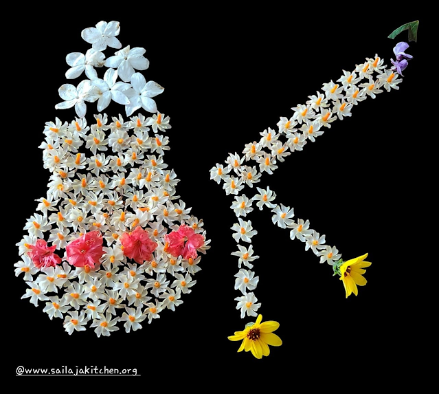 images of Krishna's butter pot and flute made with Parijatham flowers - Flower art