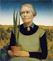Woman with Plants, known as the Portrait of Hattie Weaver Wood by American painter Grant Wood, famous for American Gothic.