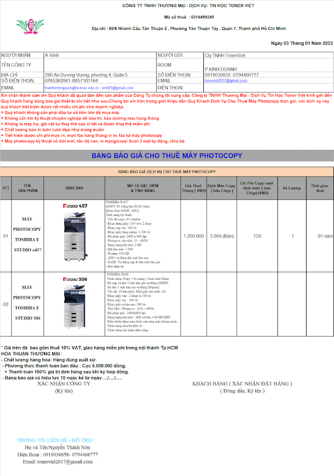 Bảng Giá Tham Khảo Dịch Vụ Thuê Máy Photocopy 03-01-2023