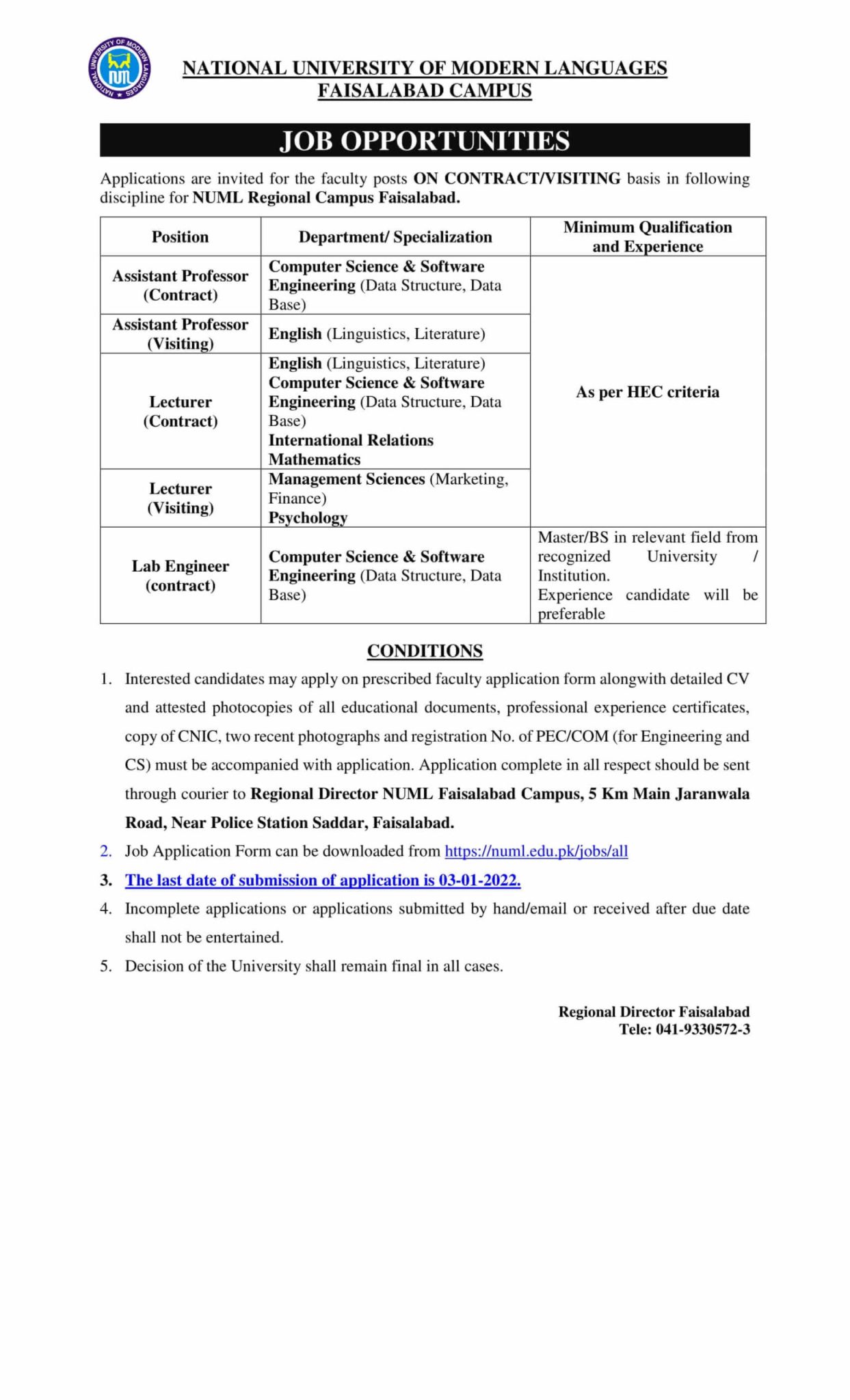 National University Of Modern Languages (NUML) Faisalabad Teaching Jobs 2021 | Latest Job in Pakistan