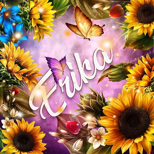 imágen con el nombre erika con fondo de girasoles y mariposas para descargar gratis