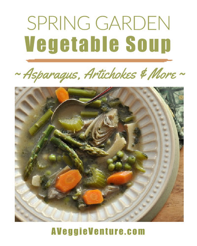 Spring Garden Vegetable Soup with Asparagus, Artichokes, Peas & Spinach, a bowlful of our favorite spring vegetables ♥ AVeggieVenture.com.