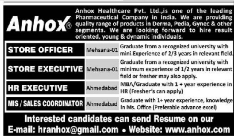 Anhox Hiring store officer/HR executive/sales coordinator 