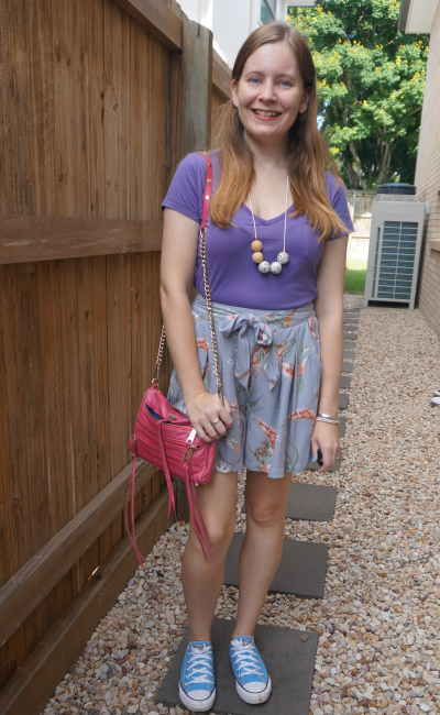 lilac tee Kmart floral print pastel culotte shorts, converse, pink mini 5 zip bag | awayfromblue