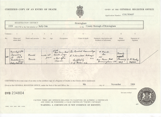 Harold Hands death certificate 1939