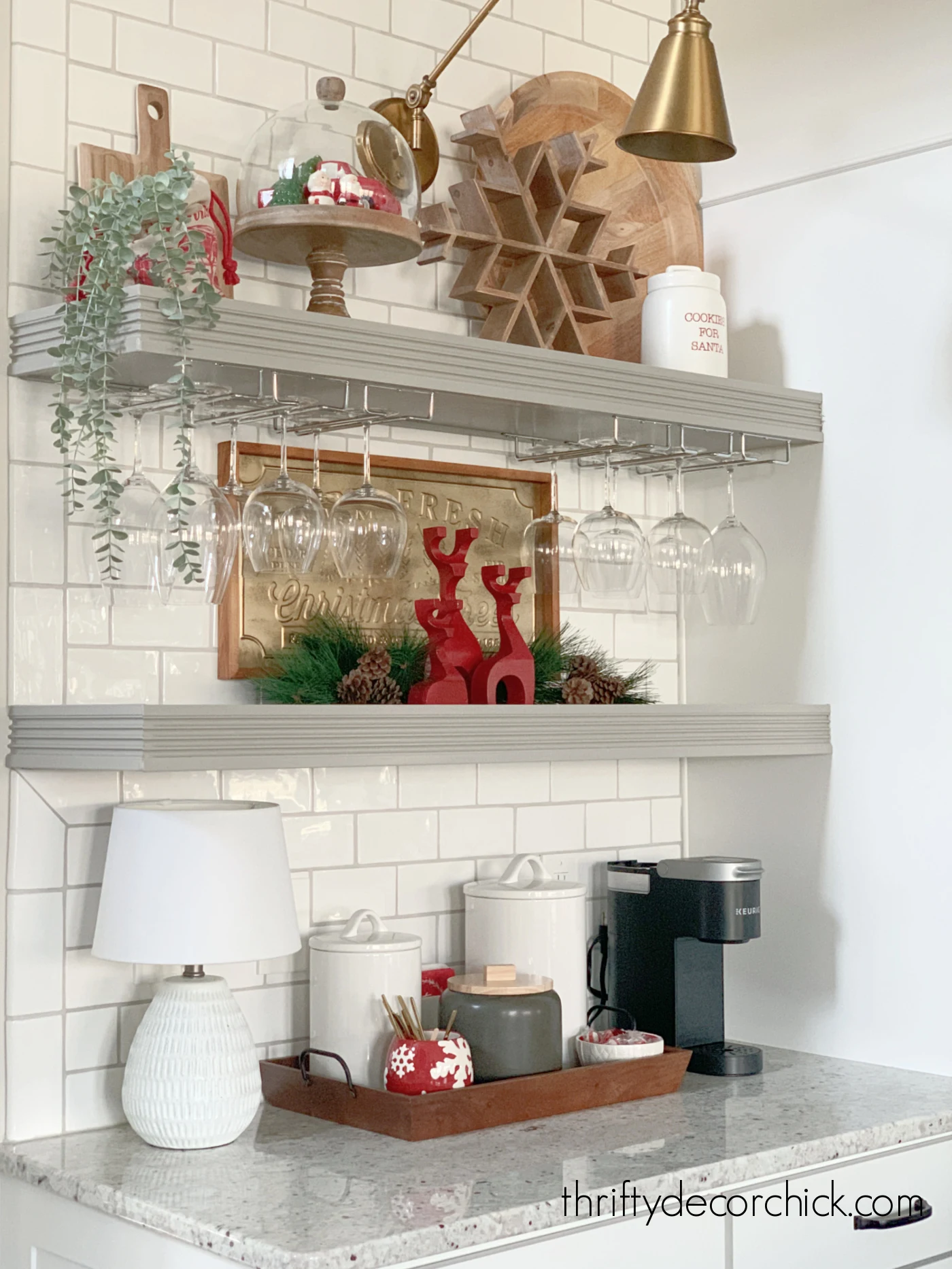 thick gray shelves with white tile