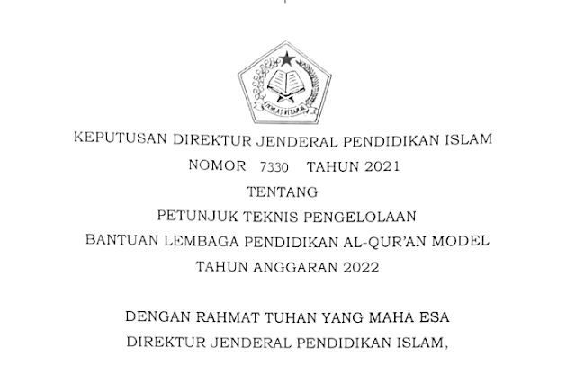 PETUNJUK TEKNIS PENGELOLAAN BANTUAN LEMBAGA PENDIDIKAN AL-QUR'AN MODEL TAHUN ANGAGRAN 2022 - INTEL MADRASAH