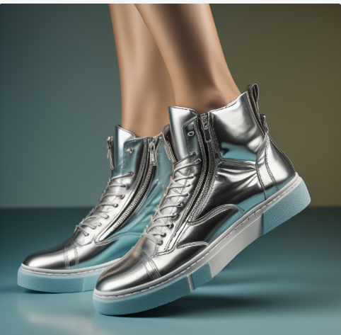 Woman wearing fashionable silver lady's disco-style sneakers with no heel. There are no zippers. There are shoelaces.