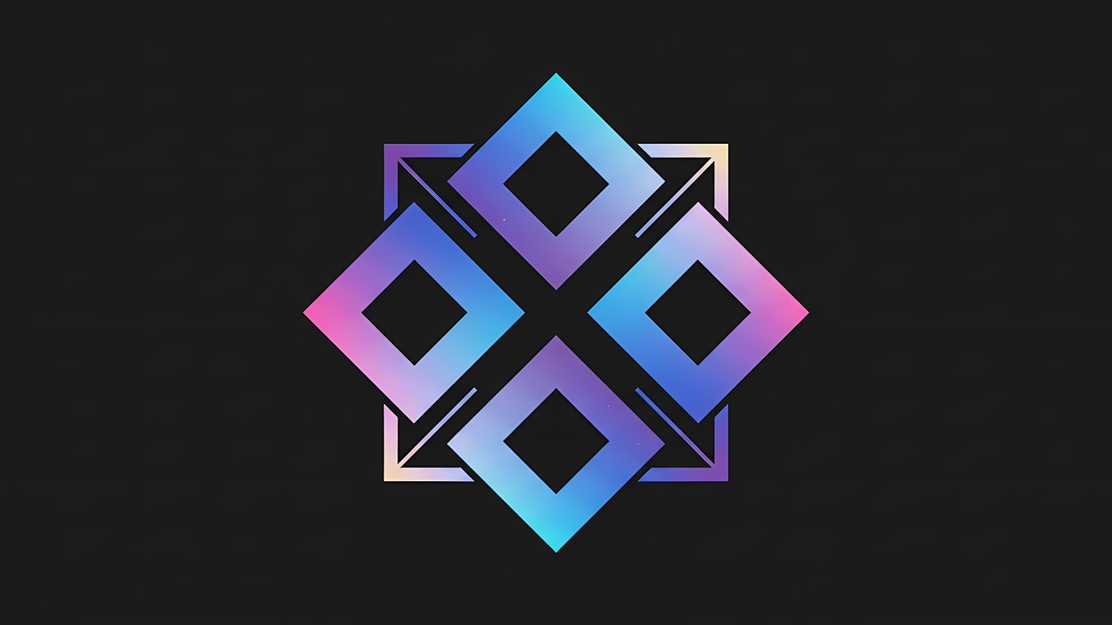 Abstract geometric design with four iridescent diamond shapes arranged in a symmetrical pattern against a dark background