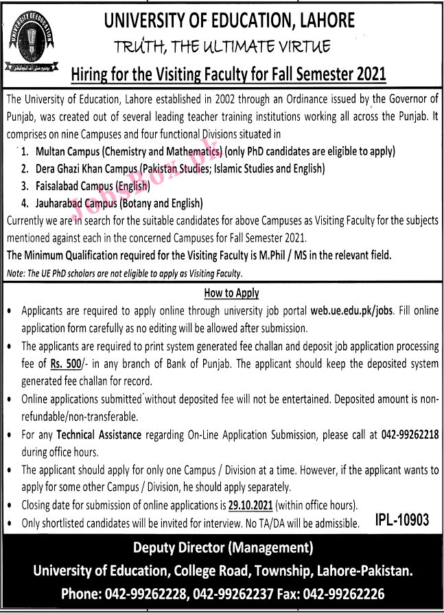 www.ue.edu.pk - UE University of Education Lahore Jobs 2021 in Pakistan