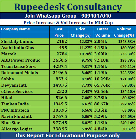 Price Increase & Vol Increase In Mid Cap