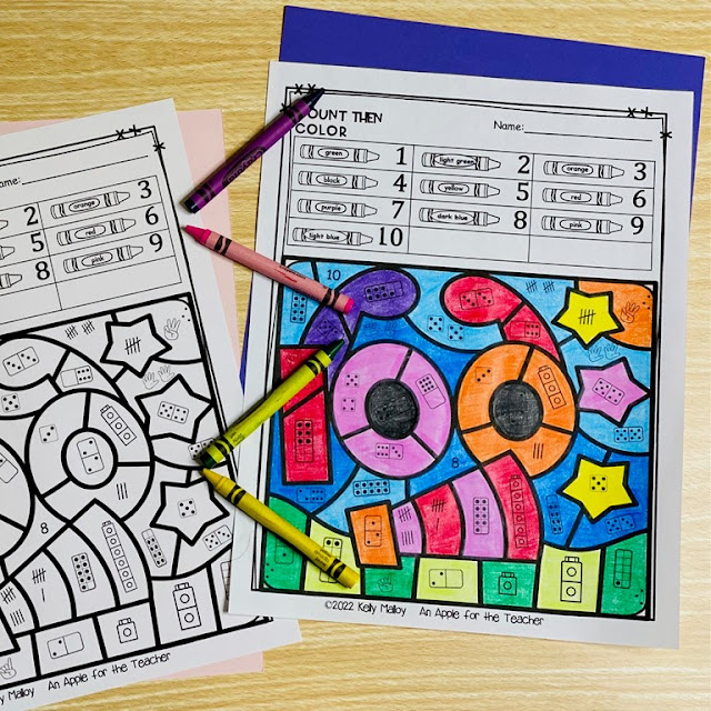 100th Day of School Color By Number Worksheets Subitizing or Number Recognition