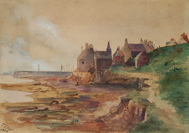 Watercolour of a shoreline path leading to buildings with a quay beyond, "Untitled (Fishing Village)," by Thomas Irving.