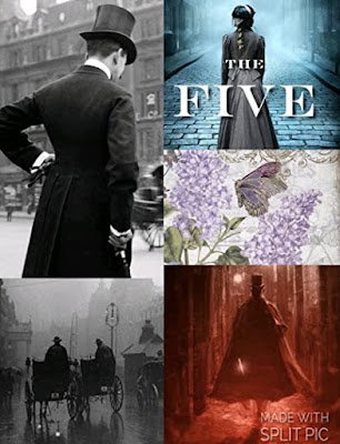 a collage of victorian man, victorian foggy streets, victorian butterfly wallpaper, and the cover of The Five