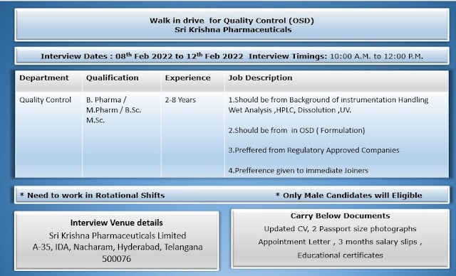 Sri Krishna Pharma | Walk-in interview for QC from 8th to 12th Feb 2022