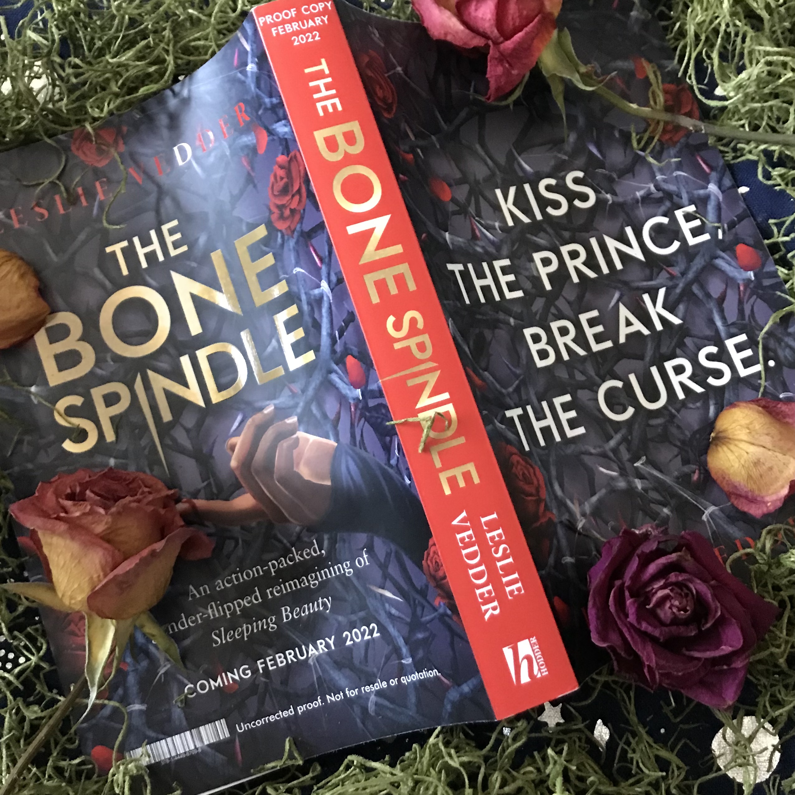 A proof of The Bone Spindle by Leslie Vedder laying on it's open pages, so you can see front and back cover. It's laying on a navy scarf with metallic silver moons and stars. It's surrounded by dried, stringy, green foliage, with three dried roses and two rose petals.