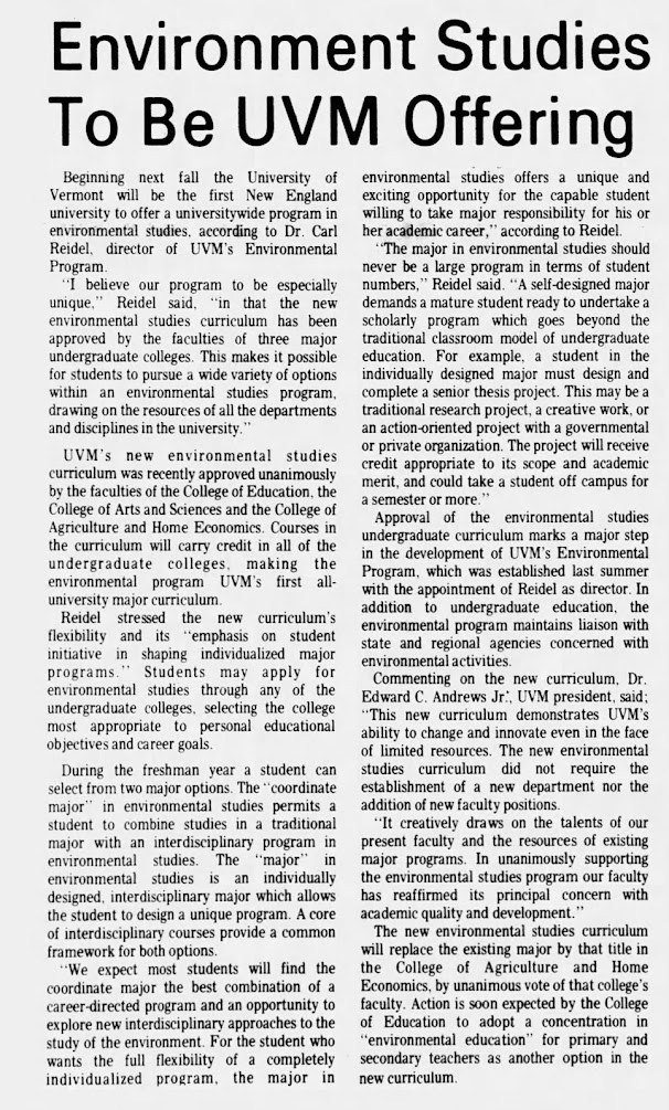UVM Environmental Studies Program - 1973