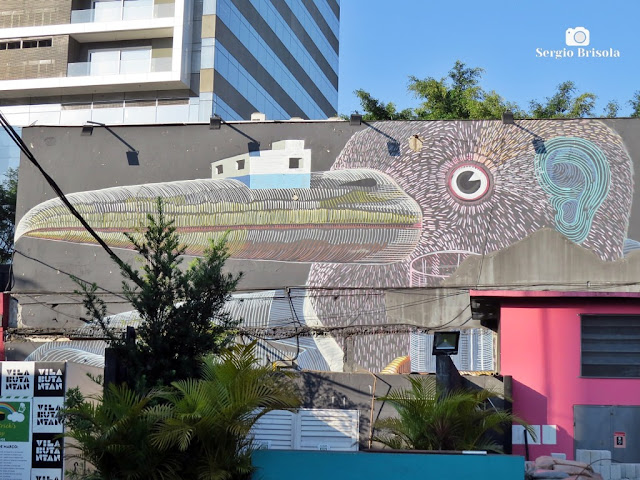 Vista ampla do mural grafite pintado em 2015 na lateral da ex-Vila Butantan