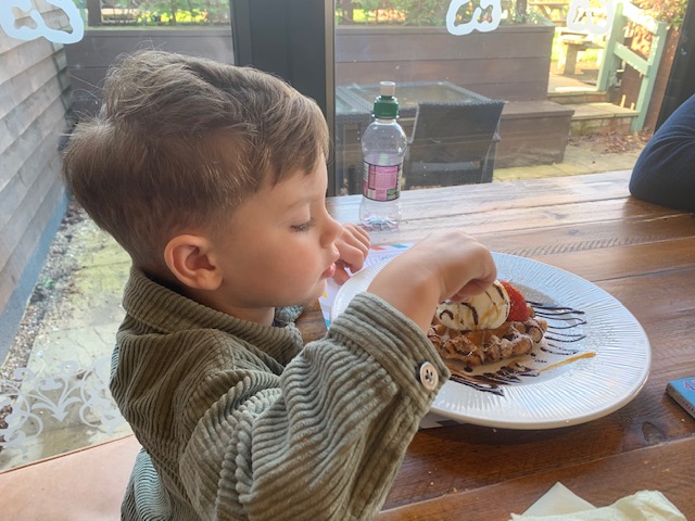 Little boy, eating a Belgian waffle with ice cream