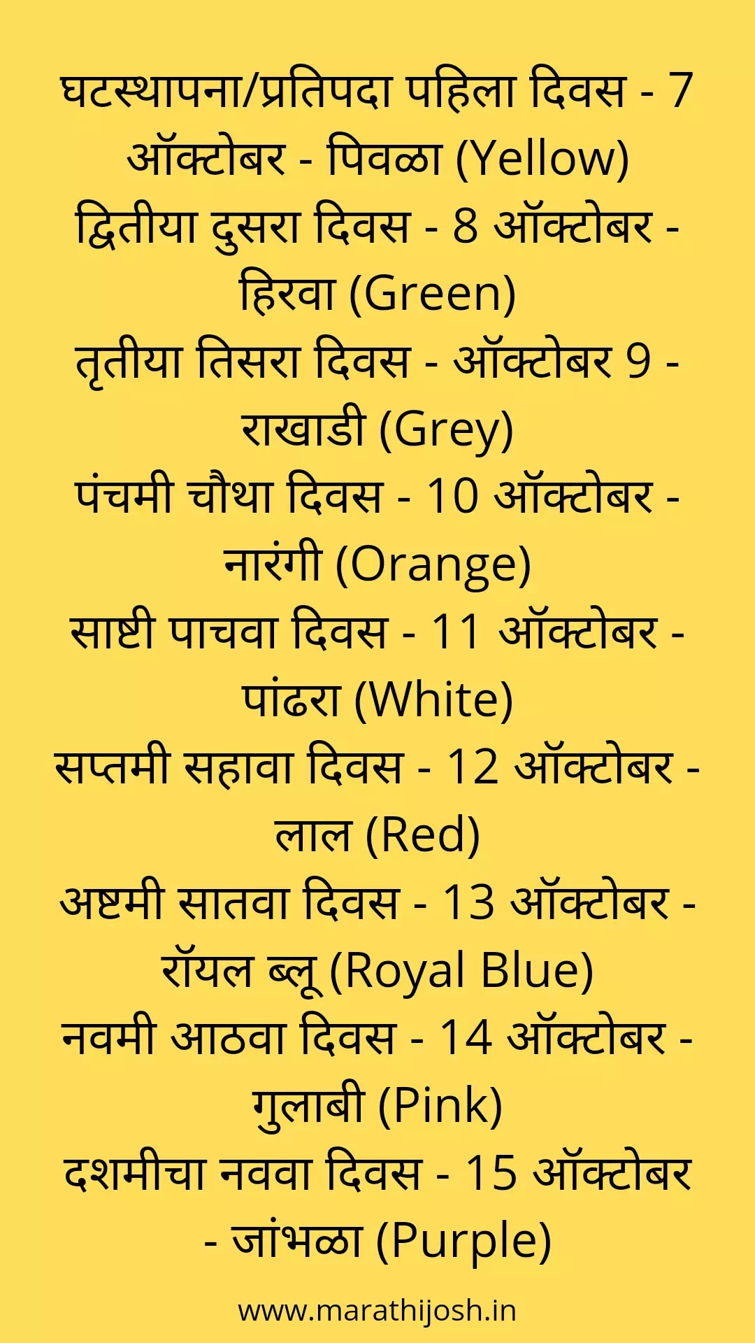 Navratri colours in marathi, Navratri Colours List In Marathi,