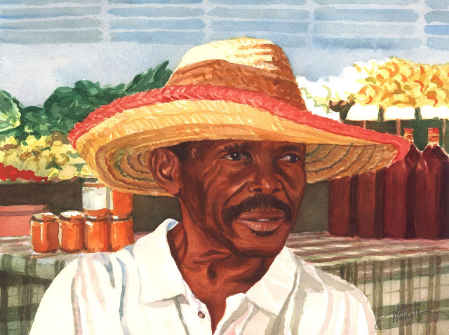 Watercolour of a creole market salesman in a white shirt and wearing a sombrero, "Le Mexicain égaré," by William Walkington