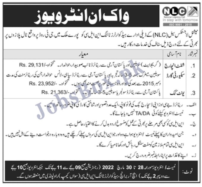 Today NLC jobs 2022 – National Logistic Cell Jobs 2022 Application Form