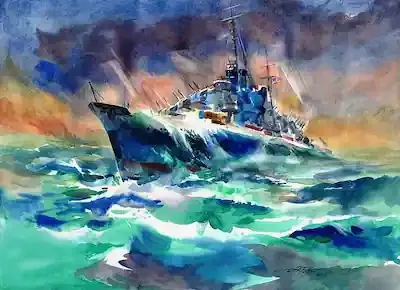 لوحة فنية لسفينة وسط أمواج عالية في البحر الهادر